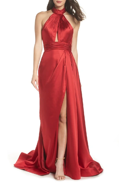 Mac Duggal Satin Halter Gown With Keyhole & High Slit In Burgundy