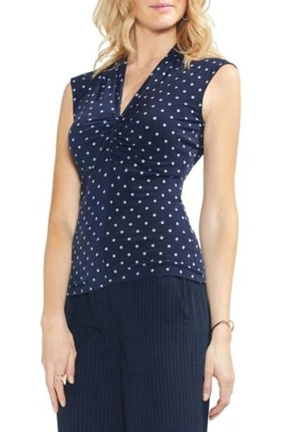 Vince Camuto Romantic Dots Ruched V-neck Top In Classic Navy