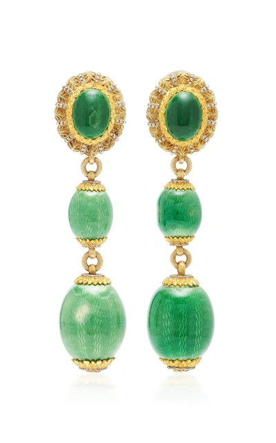 Mahnaz Collection One-of-a-kind 18k Gold And Green Guilloché Enamel Drop Earrings By Cazzaniga C.1960