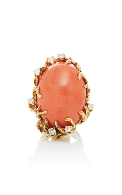 Mahnaz Collection One-of-a-kind Coral And Diamond On 18k Gold Ring By Arthur King C.1970 In Orange