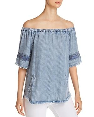 Billy T Off-the-shoulder Chambray Top In Blue Stripes