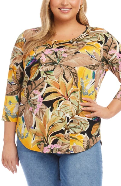 Karen Kane Floral Print Knit Shirttail Top In Yellow Multi