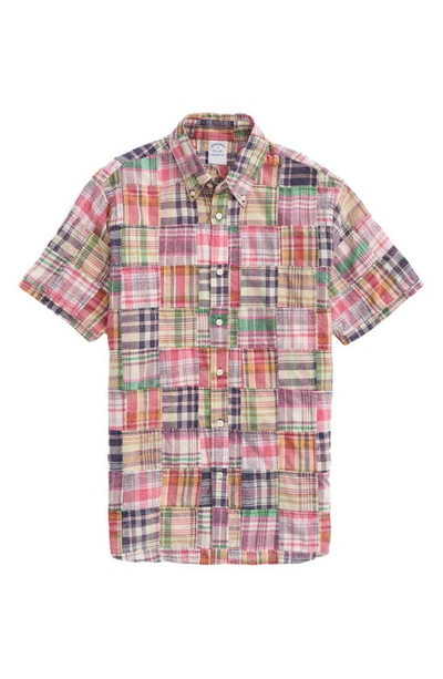 Brooks Brothers Regent Fit Plaid Patchwork Short Sleeve Madras Button-down Shirt In Fadedpw