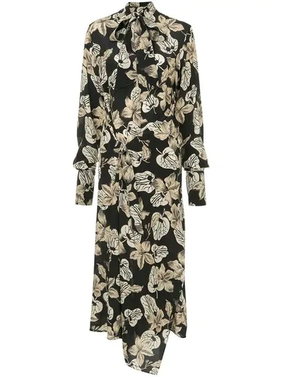 Rokh Asymmetric Floral Print Shirt Dress - Black