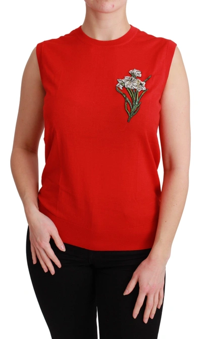 Dolce & Gabbana Red Tank Vest Crystal Flower Wool Women's Top