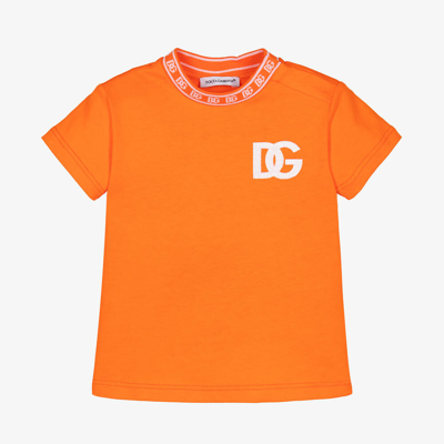 Dolce & Gabbana Babies' Logo-embroidered Collar Cotton T-shirt In Orange