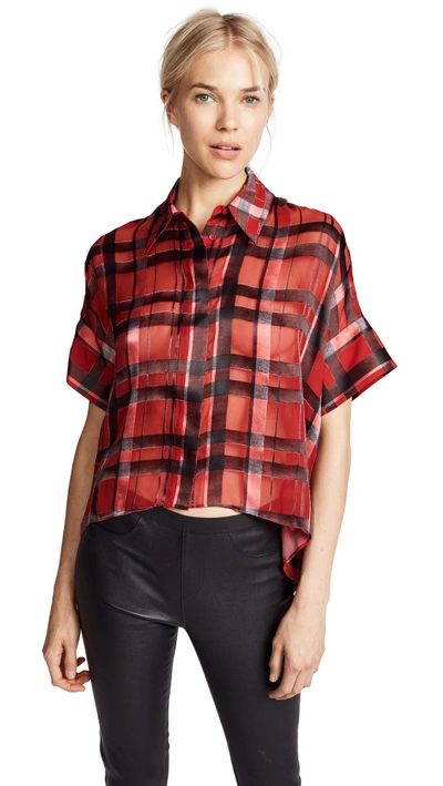 Alice And Olivia Edyth High-low Button Up Shirt In Window Pane Plaid Ruby