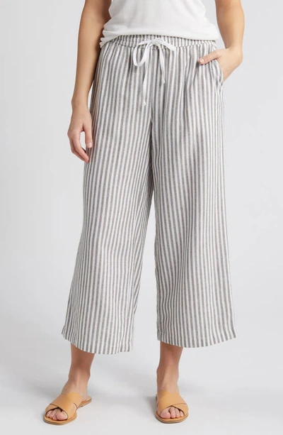 Caslon Stripe Drawstring Wide Leg Linen Blend Pants In Olive- White Brianne Stripe