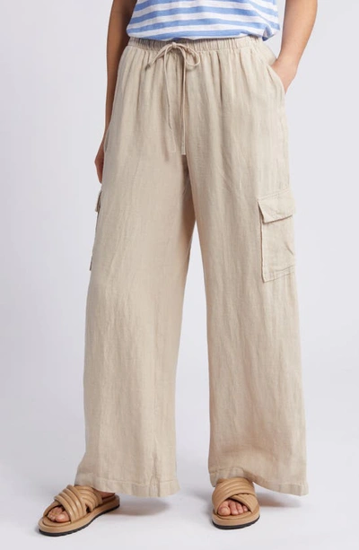 Caslon Drawstring Wide Leg Linen Cargo Pants In Tan Oxford