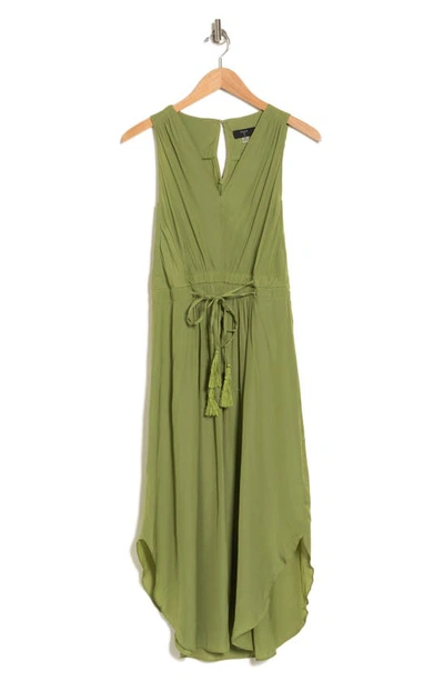 T Tahari V-neck Sleeveless Drawstring Waist Midi Dress In Forest Green