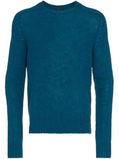 Prada Knitted Shetland Virgin Wool Sweater In Blue