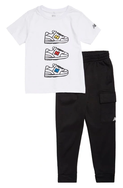 New Balance Kids' Graphic T-shirt & Fleece Cargo Joggers Set In White