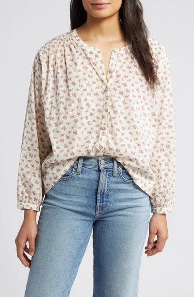 Lucky Brand Floral Smocked Button-up Top In Egret Multi