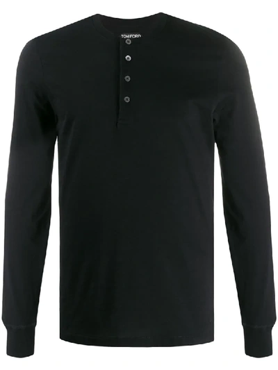 Tom Ford Men's Button-placket Long-sleeve Cotton Henley Shirt In Black
