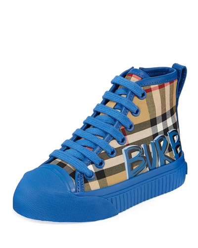 Burberry Kingly Graffiti-logo Check High-top Sneakers, Toddler In Blue