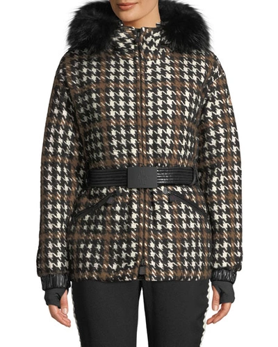 Moncler Gardena Houndstooth Coat W/ Fur In Brown