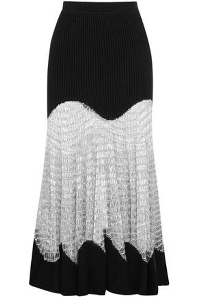 Alexander Mcqueen Woman Metallic Open Knit-paneled Ribbed Wool And Cashmere-blend Maxi Skirt Black