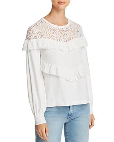 Marled Ruffled Lace-yoke Sweatshirt In White
