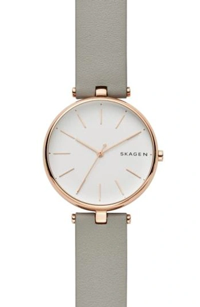 Skagen Signatur Leather Strap Watch, 36mm In Gray/ Silver/ Rose Gold