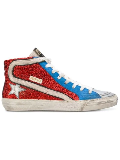 Golden Goose Slide Lurex And Leather Mid-top Trainers In Red