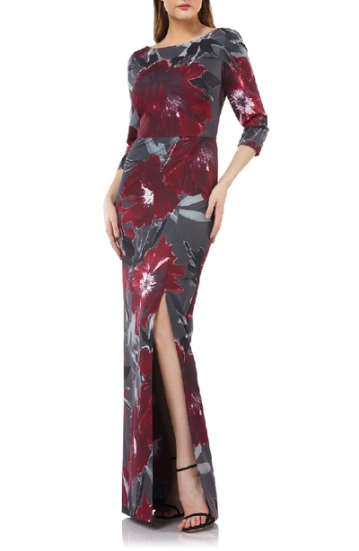 Kay Unger Bateau-neck Floral Dress In Stretch Crepe In Burgundy/ Charcoal