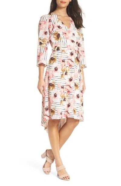 Charles Henry Floral High/low Dress In Blush Floral Stripe