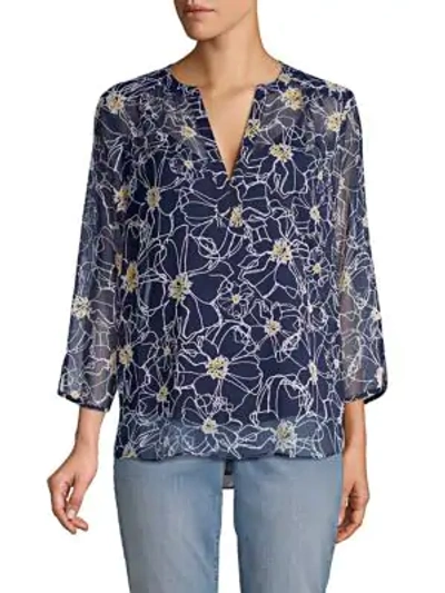 Nydj Floral Silk Blouse In Bloss Blue