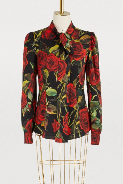 Dolce & Gabbana Red Roses Printed Silk Shirt In Black/red