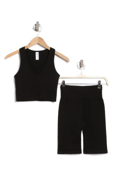 90 Degree By Reflex Highline Ribbed Seamless Crop Tank Top & Bike Shorts Set In Black
