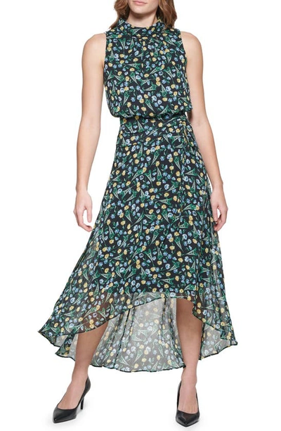 Karl Lagerfeld Floral Sleeveless Chiffon High-low Dress In Black Multi