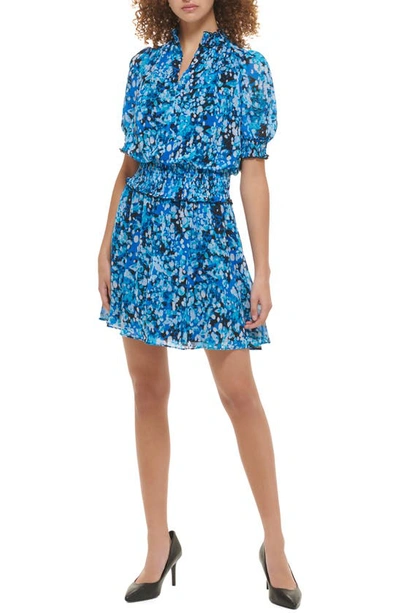 Karl Lagerfeld Floral Puff Sleeve Chiffon Dress In Blue Multi