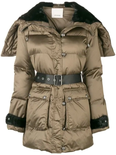 Pinko Belted Padded Jacket In Brown