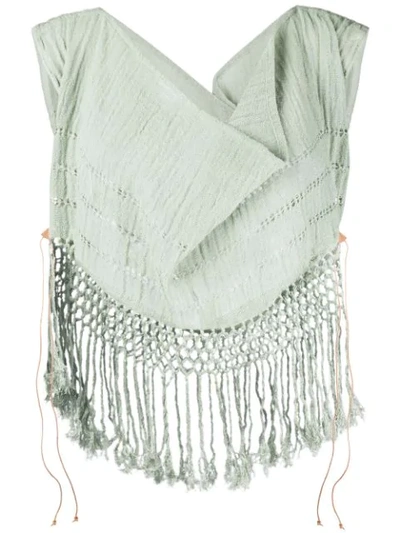 Caravana Draped Cowl Neck Fringe Top In Green