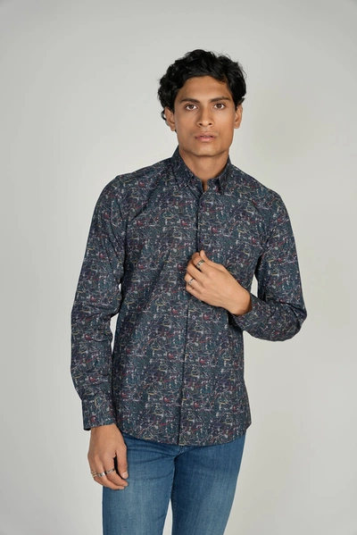 Luchiano Visconti Leo Navy Shark King Cotton Shirt In Multi