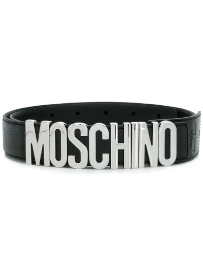 Moschino Silver Logo Buckle Belt In Black