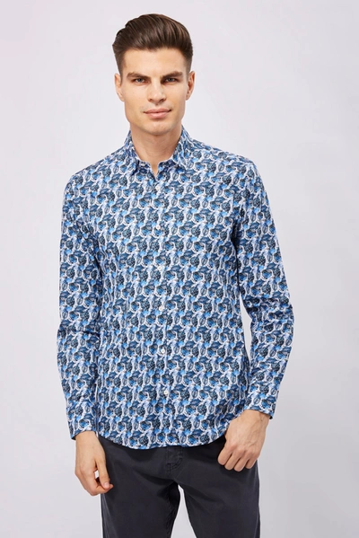 Luchiano Visconti Leo White With Multi Blue Leaves Shirt