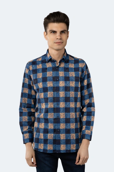 Luchiano Visconti Navy, Blue And Gold Patch Plaid Floral Jacquard Shirt In Multi
