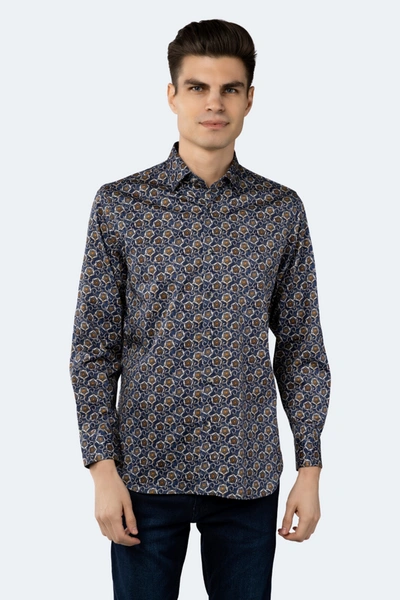 Luchiano Visconti Navy With Gold, Beige And Orange Floral Shirt In Multi