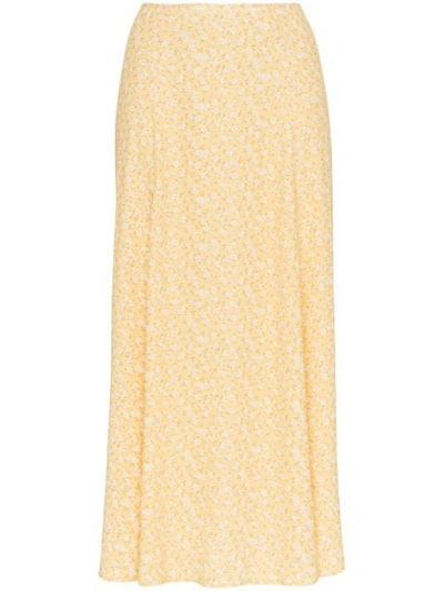 Reformation High Rise Floral Print Midi Skirt In Yellow