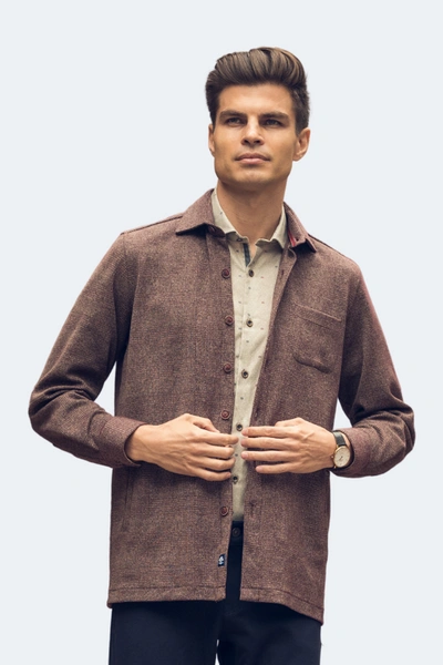 Luchiano Visconti Beige And Burgundy Sharktooth Plaid Shacket In Multi