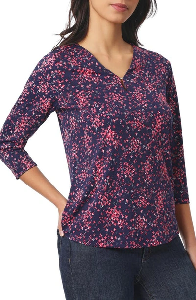 Jones New York Floral Print Keyhole Top In Pacific Navy,fresh Guava