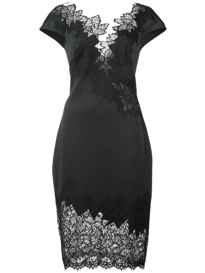 Tadashi Shoji Lace Trim Mini Plunge Dress - Black