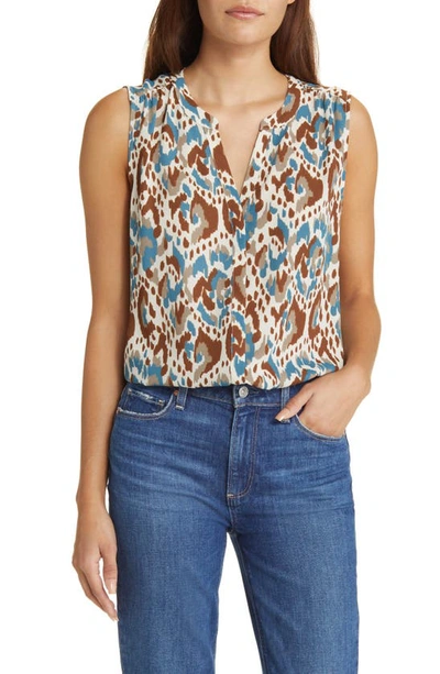 Nydj Print Pleat Back Sleeveless Split Neck Blouse In Ocean Dream