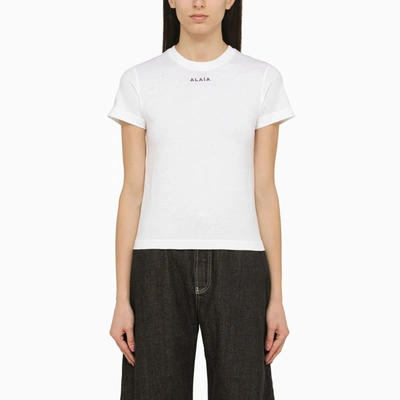 Alaïa Tight Round-neck White T-shirt With Logo