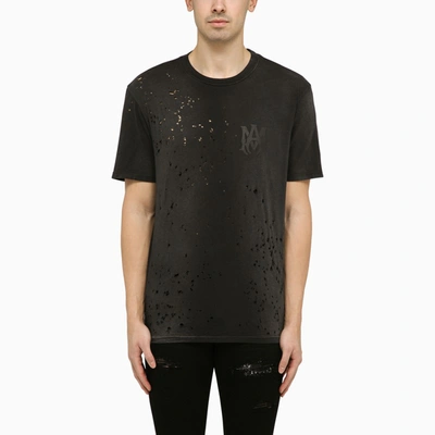 Amiri Faded Black Crewneck T-shirt With Perforated Details