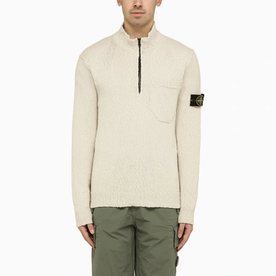Stone Island Ivory Cotton And Linen Turtleneck Pullover In Print