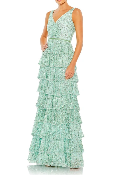 Mac Duggal Green Ruffle Tiered Sleeveless Sequin Gown In Mint