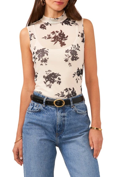 Vince Camuto Floral Print Mock Neck Sleeveless Top In Soft Cream