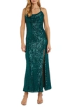 Morgan & Co. Cowl Neck Sequin Crossback Body-con Gown In Navy/teal