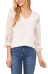 Cece Mixed Media Clip Dot Floral V-neck Top In New Ivory